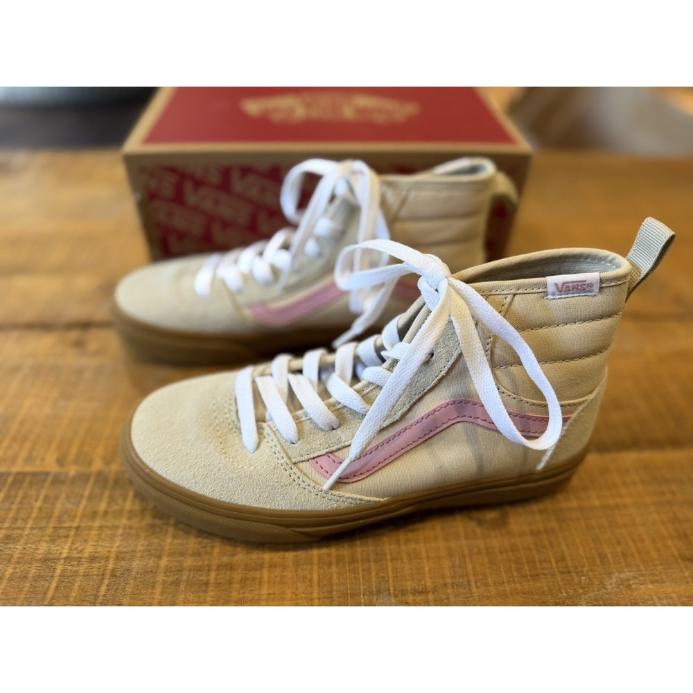 Vans Ashwood‎ Hightop Dean Sneakers Girls 4 Youth Tan Canvas/Suede Tan/Pink